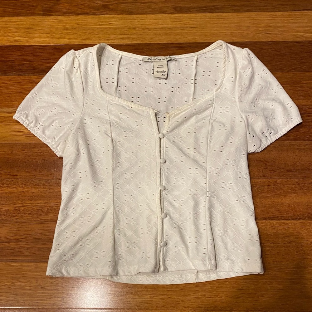 white eyelet lace puff sleeve button down top cottagecore